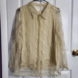 Vintage Cream Lace Embroidered Button Up Blouse